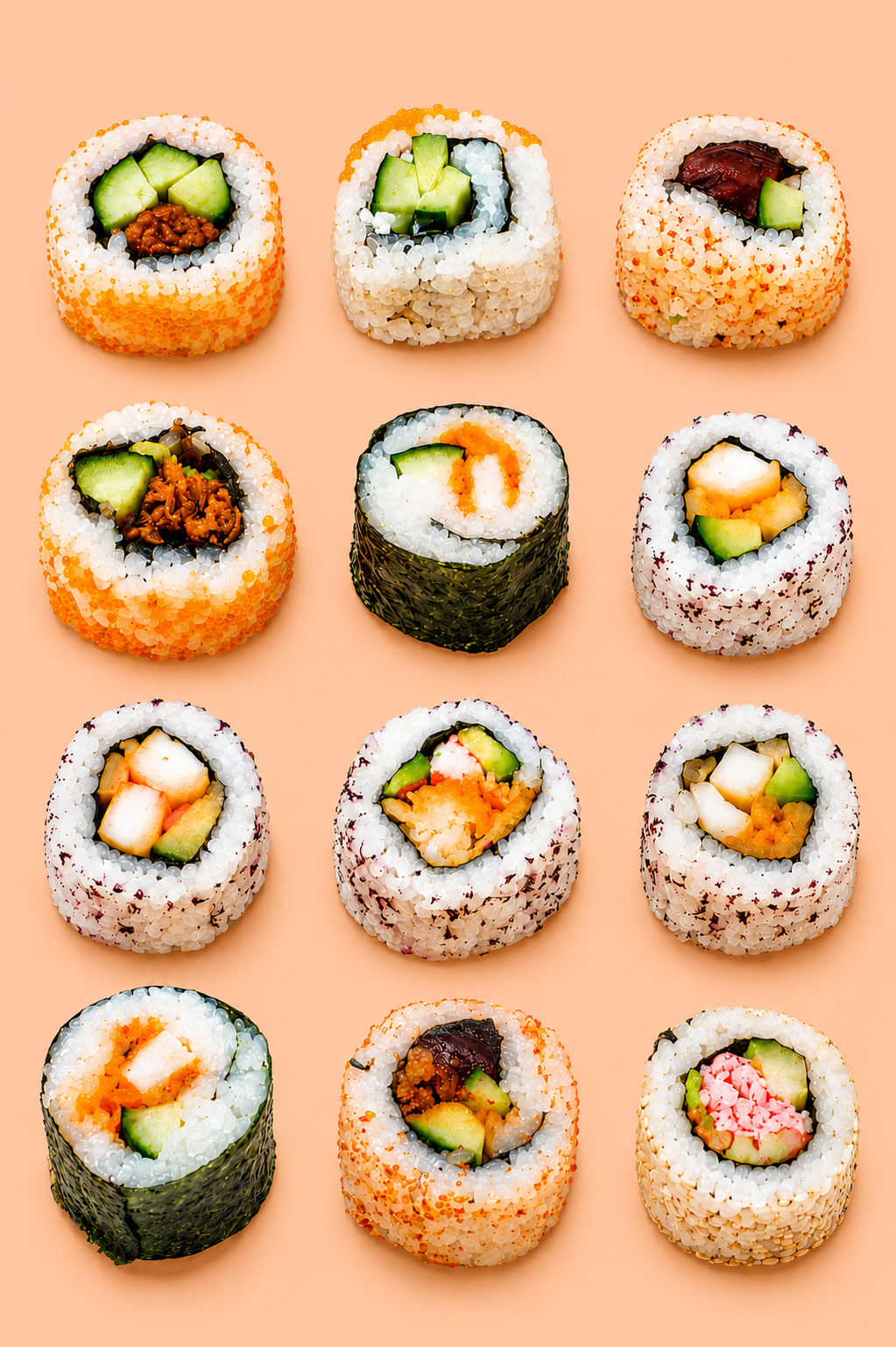 Variety of sushi rolls arranged in a grid